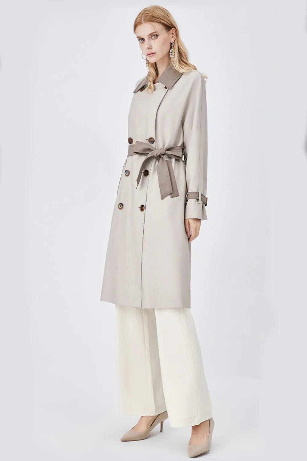 Beige Patchwork Double Breasted Long Trench Coat with Belt