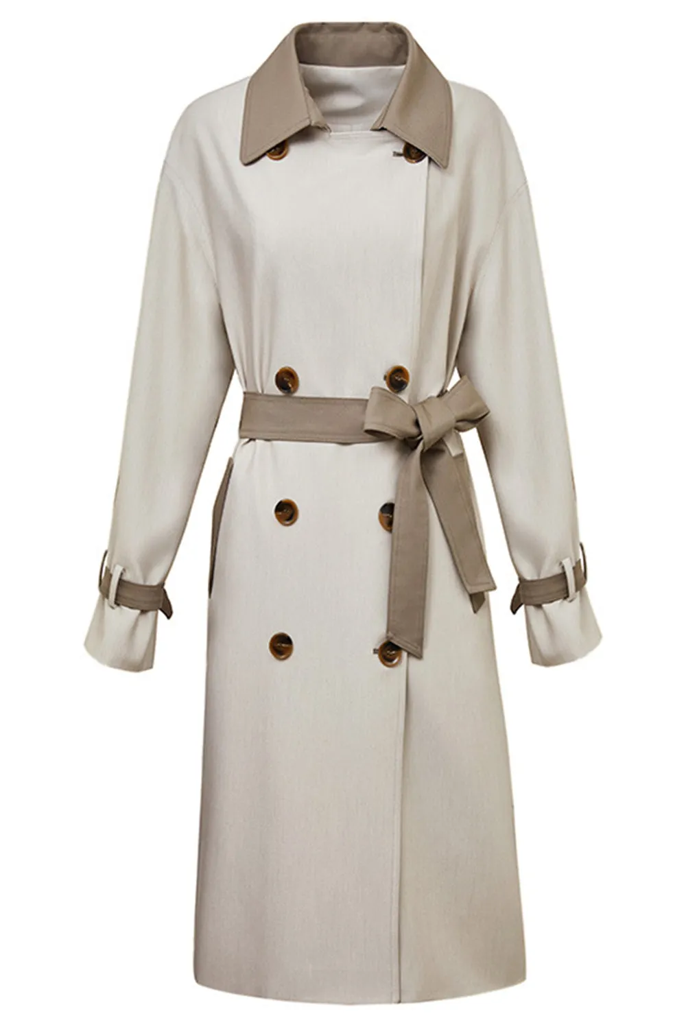 Beige Patchwork Double Breasted Long Trench Coat with Belt