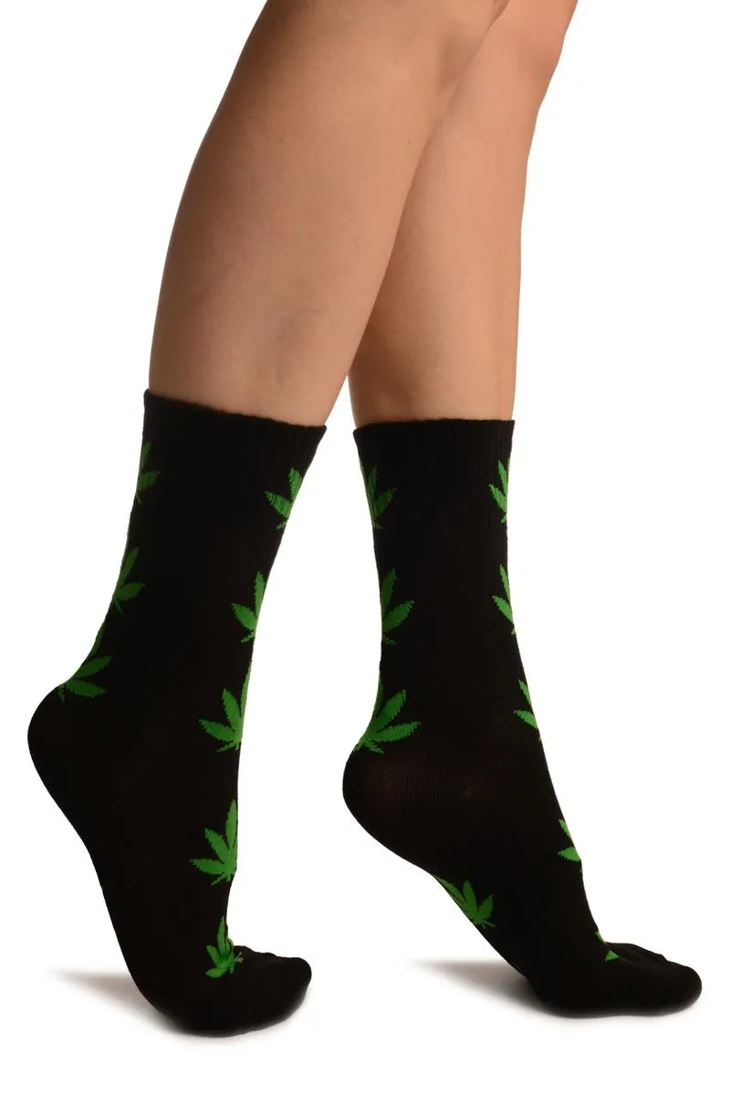 Black With Green Leaves Ankle High Socks