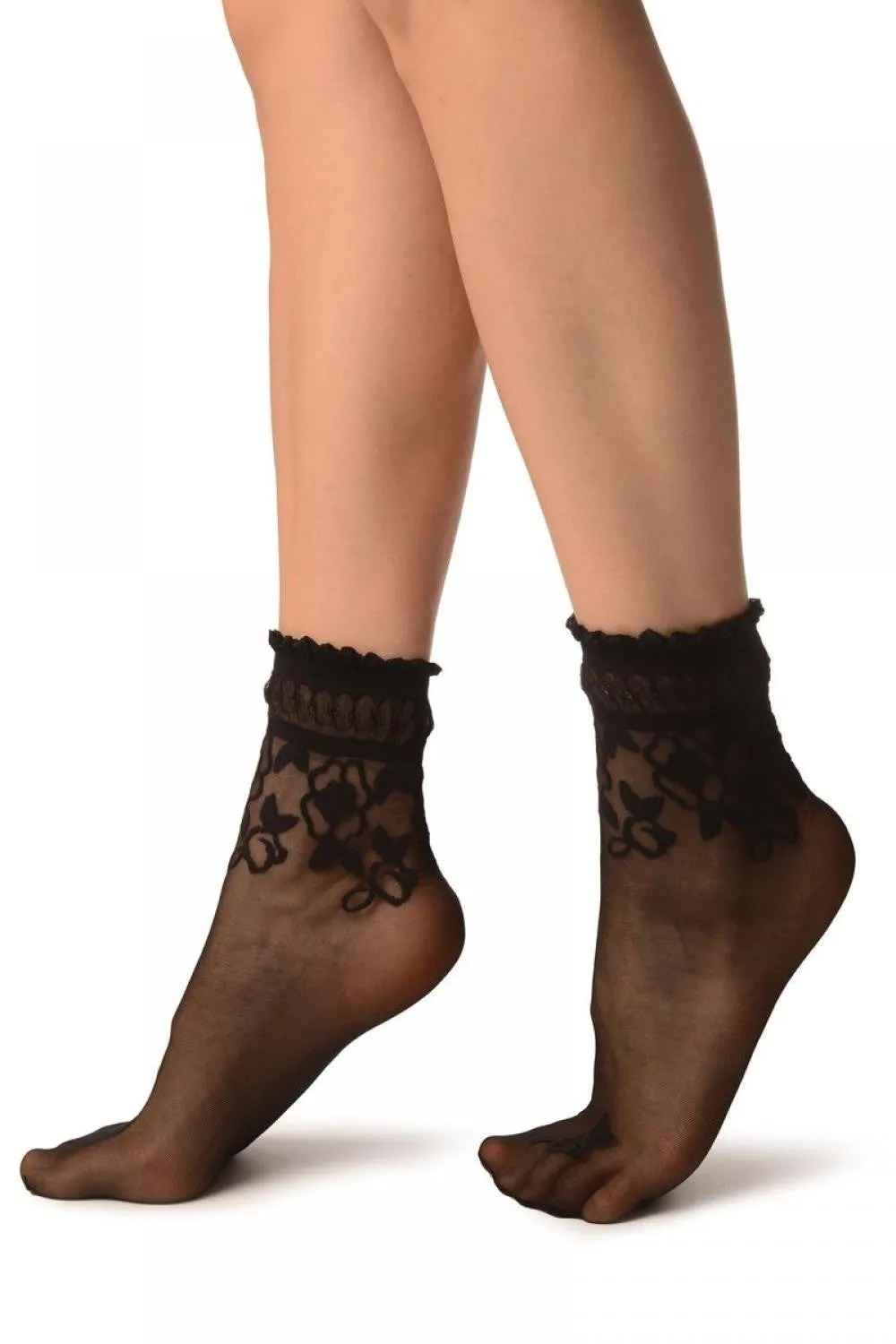 Black With Roses Comfort Top Ankle High Socks