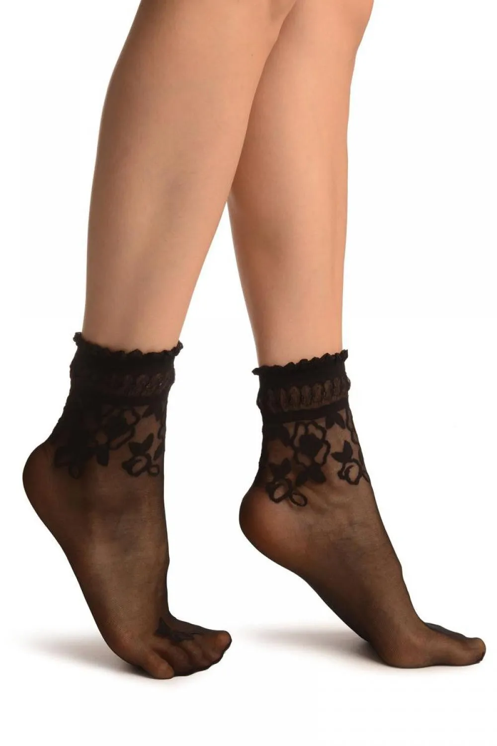 Black With Roses Comfort Top Ankle High Socks