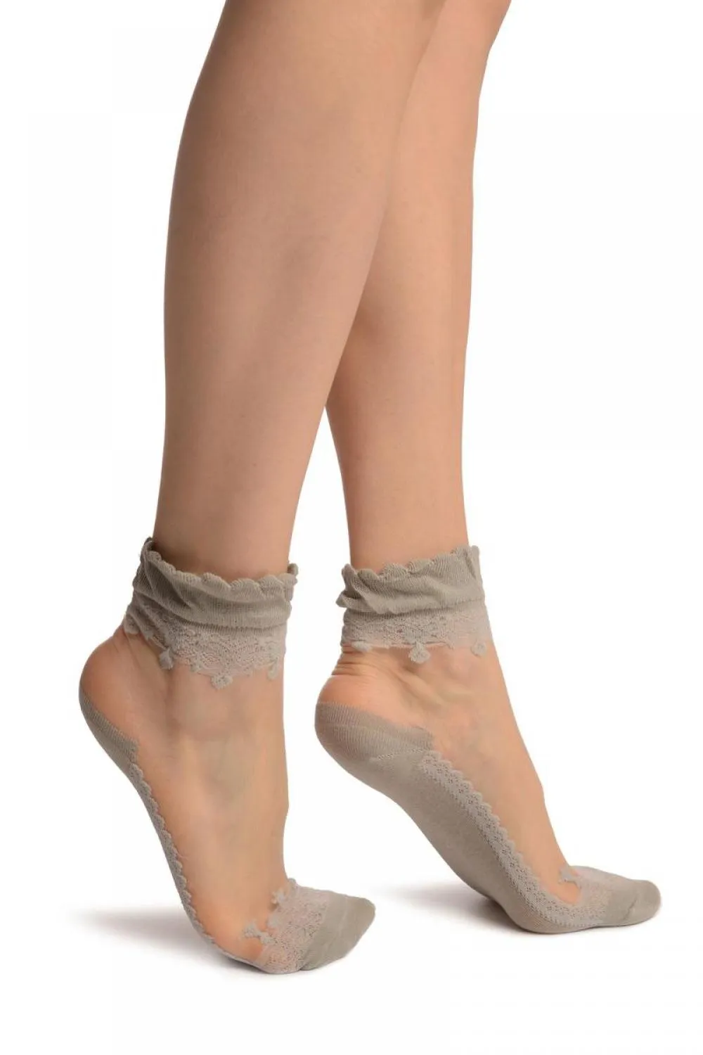 Grey Versalles Lace On Invisible Mesh Ankle High Socks