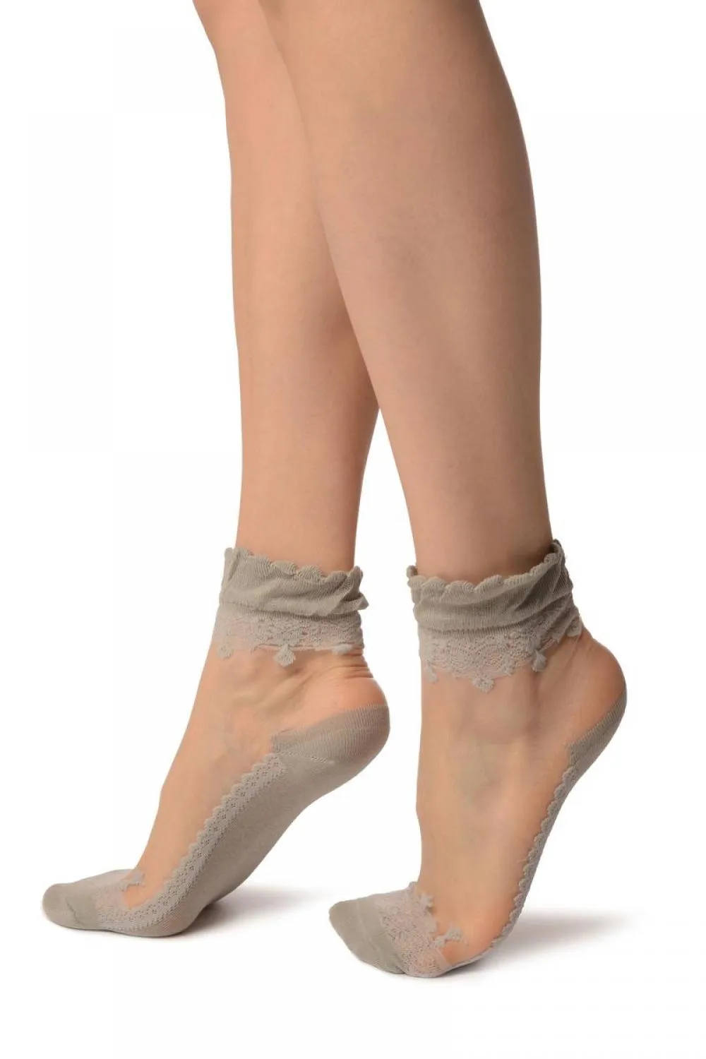 Grey Versalles Lace On Invisible Mesh Ankle High Socks