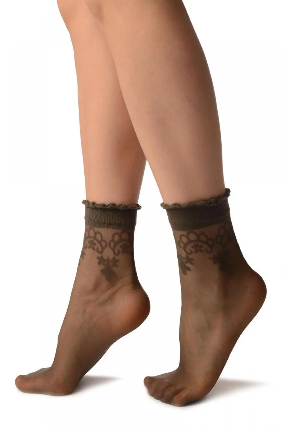 Grey With Large Woven Flowers Top Ankle High Socks