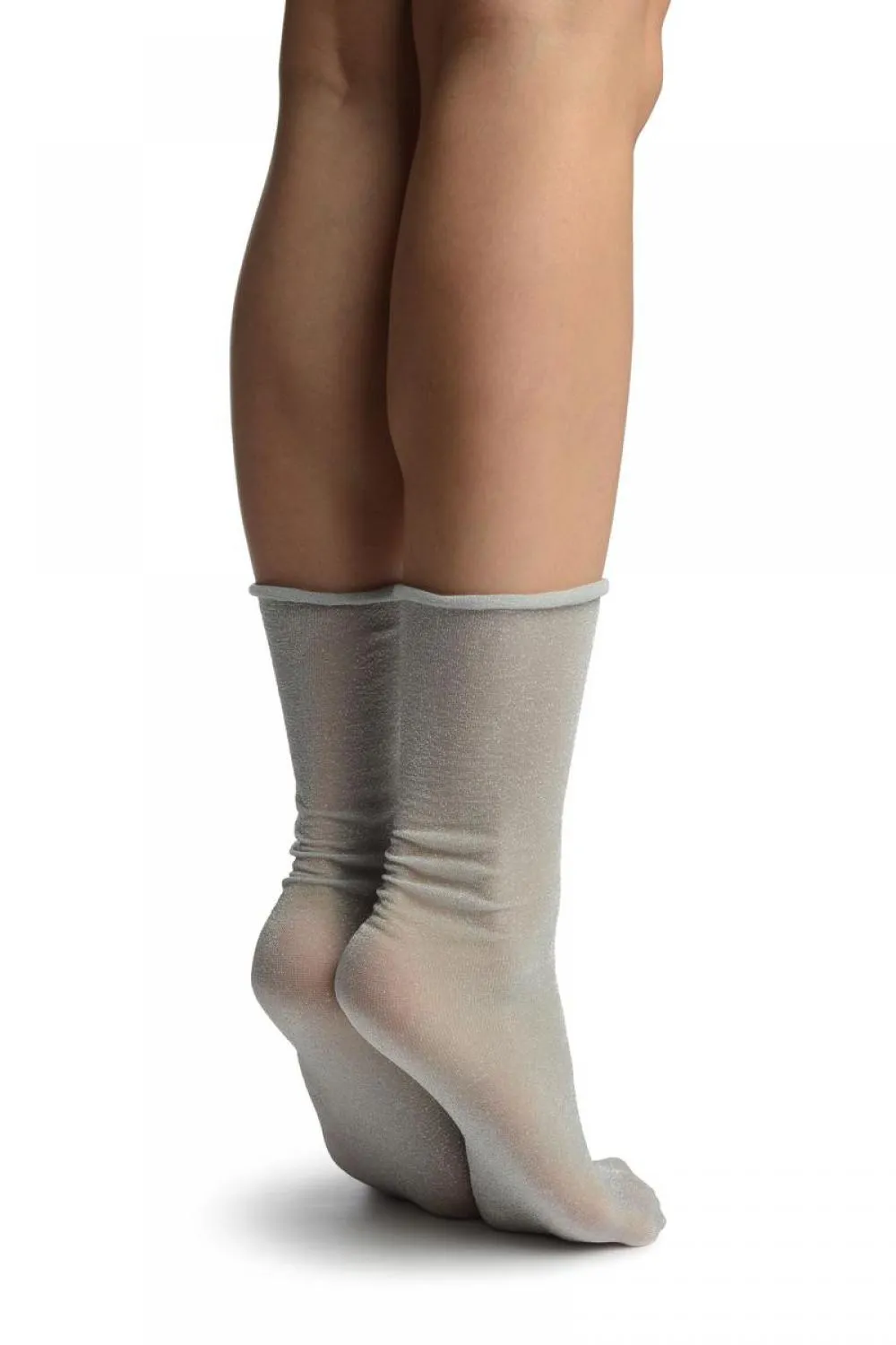 Grey With Silver Lurex Comfort Top Ankle High Socks