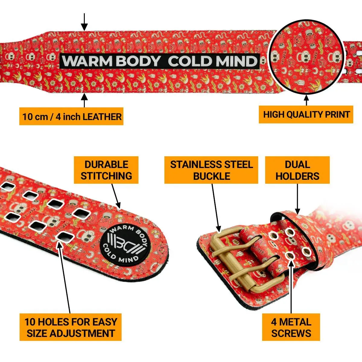Leather Weightlifting Belt Red Skull