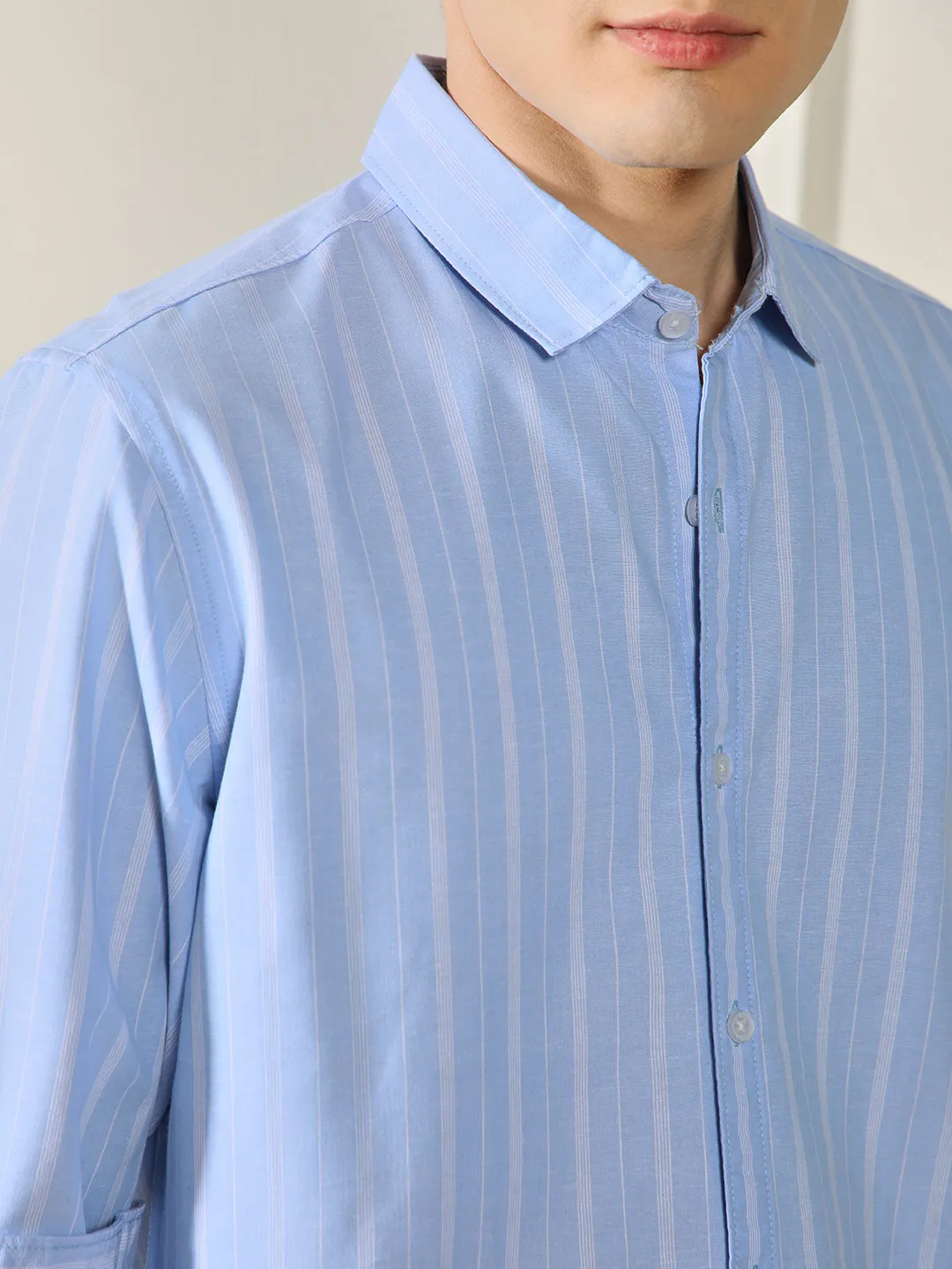 Men's Button Down Collar Regular Fit Stripes Blue Cotton Linen Shirt