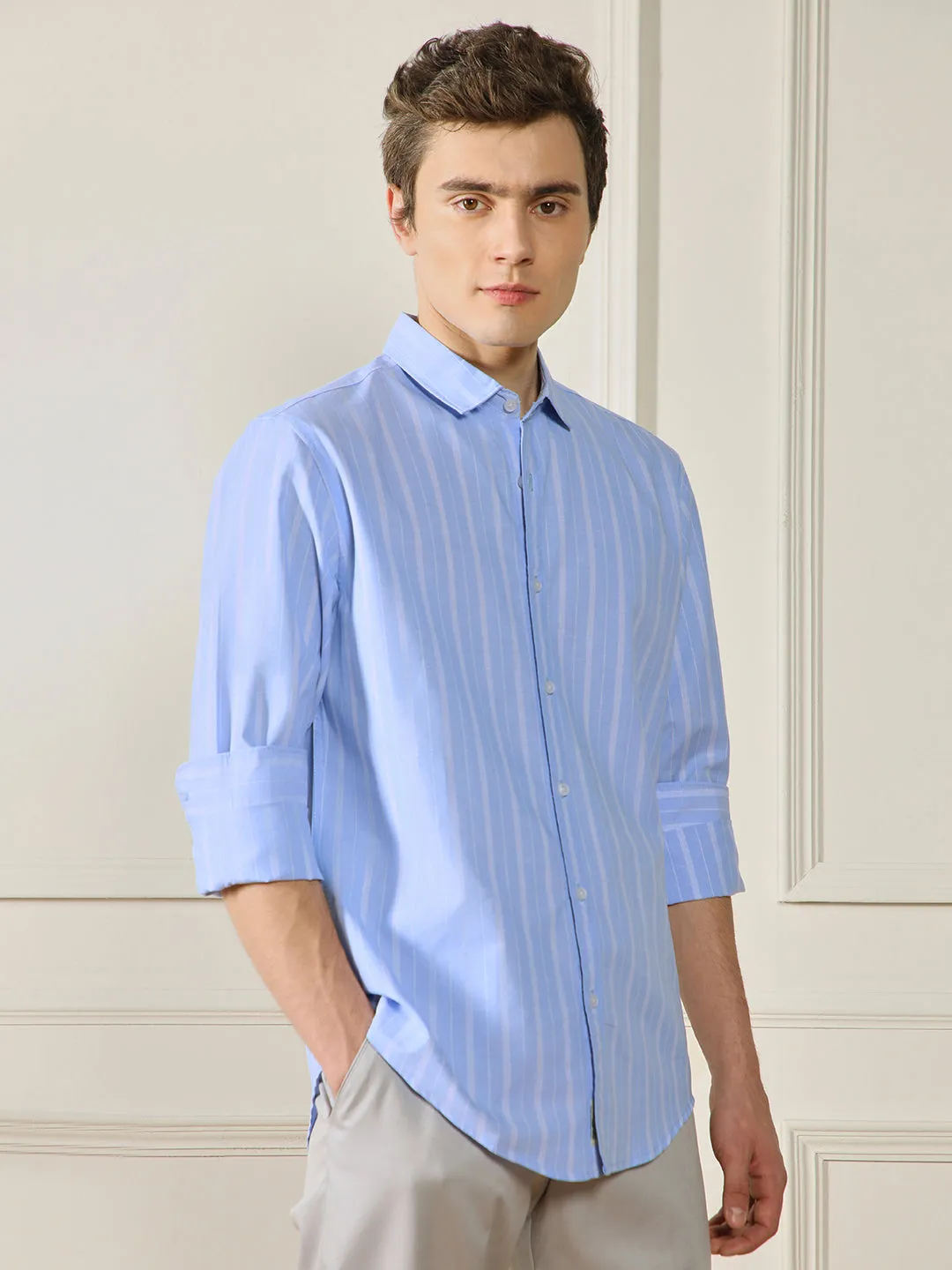 Men's Button Down Collar Regular Fit Stripes Blue Cotton Linen Shirt