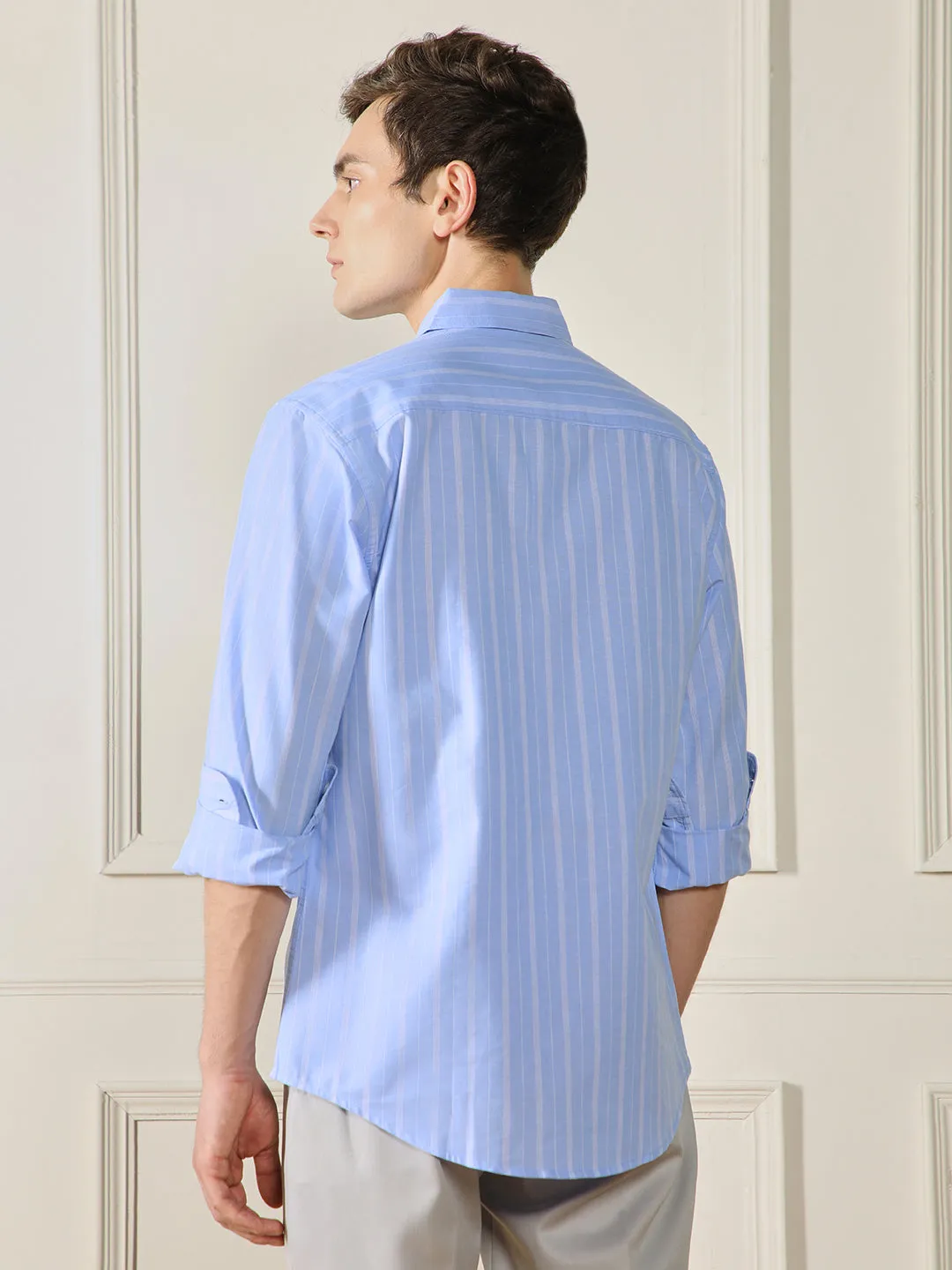 Men's Button Down Collar Regular Fit Stripes Blue Cotton Linen Shirt