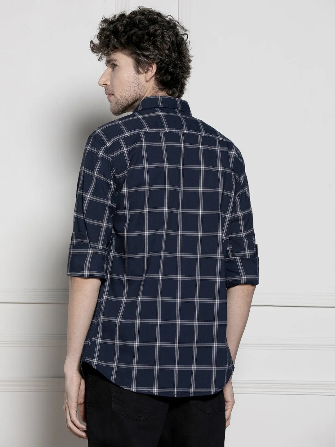 Men's Navy Blue Windowpane Checks Casual Cotton Shirt