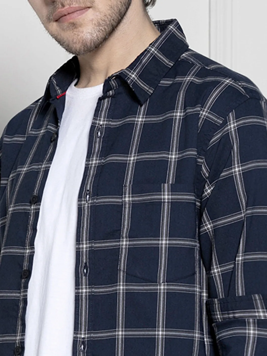 Men's Navy Blue Windowpane Checks Casual Cotton Shirt