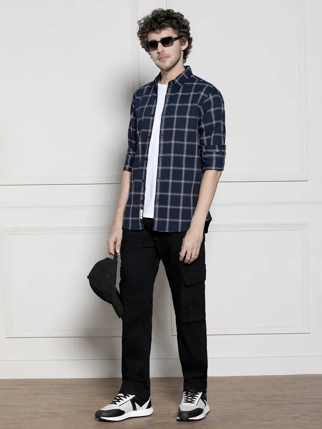 Men's Navy Blue Windowpane Checks Casual Cotton Shirt