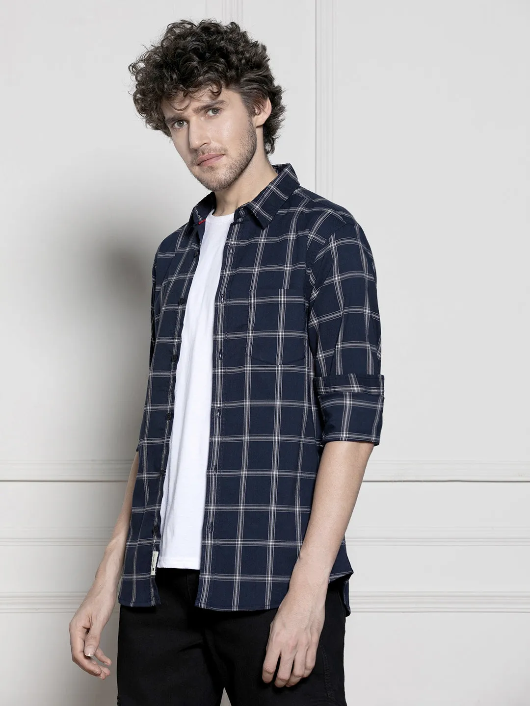 Men's Navy Blue Windowpane Checks Casual Cotton Shirt